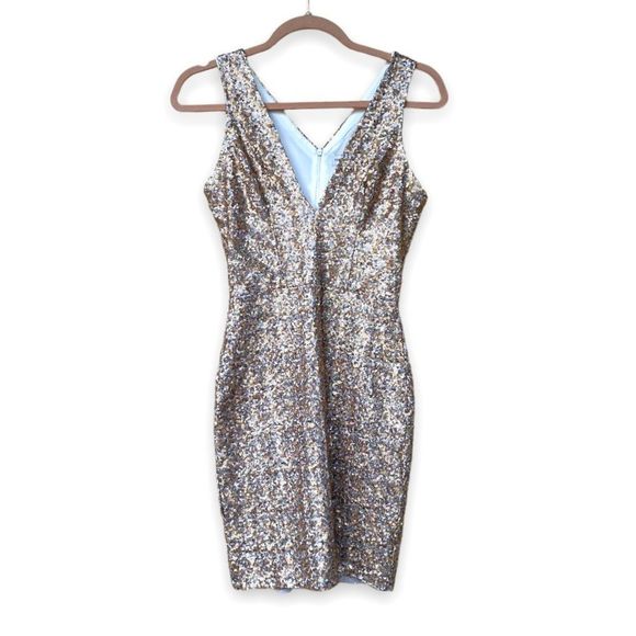 DRESS THE POPULATION | Silver & Gold Bodycon Mini Dress (Small) - Picture 1 of 6